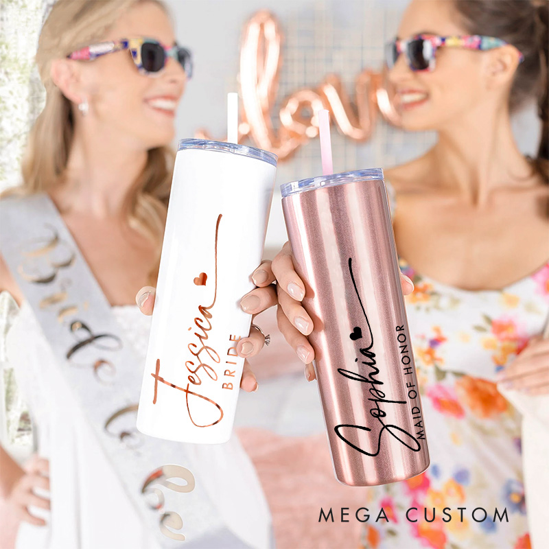 Personalized Bridesmaid Wedding Stylish 20oz Skinny Tumbler with Lid and Straw Custom Bride Name Tumbler Maid of Honor Bachelorette Party Gift