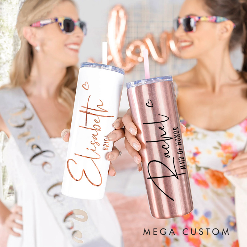 Personalized Bridesmaid Wedding 20oz Skinny Tumbler with Lid and Straw Custom Bride Name with Heart Tumbler Maid of Honor Bachelorette Party Gift