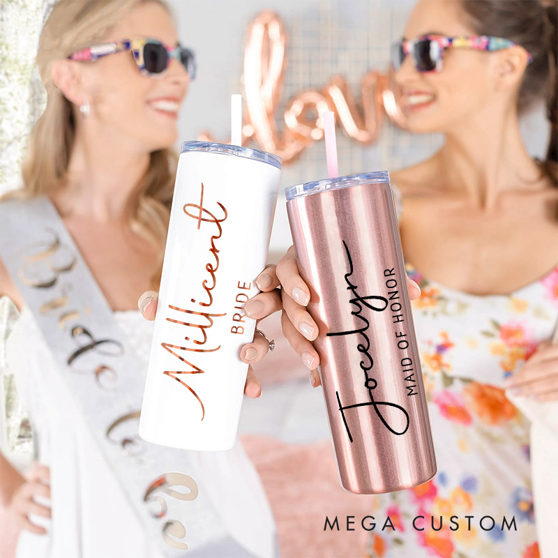 Personalized Bridesmaid 20oz Skinny Tumbler with Lid and Straw Wedding Bride Name with Heart Tumbler Maid of Honor Bachelorette Party Gift for Her