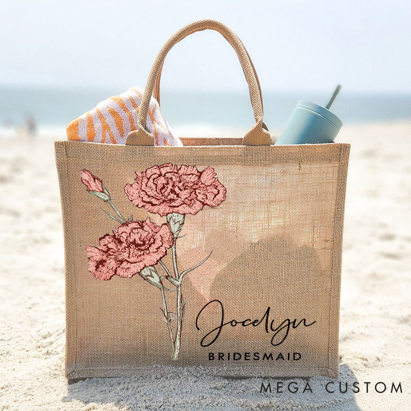 Personalized Bridesmaid Birth Flower Burlap Tote Bag Custom Bride Month Flower Wedding Beach Jute Tote Bag Bachelorette Party Favor Bridal Shower Gift