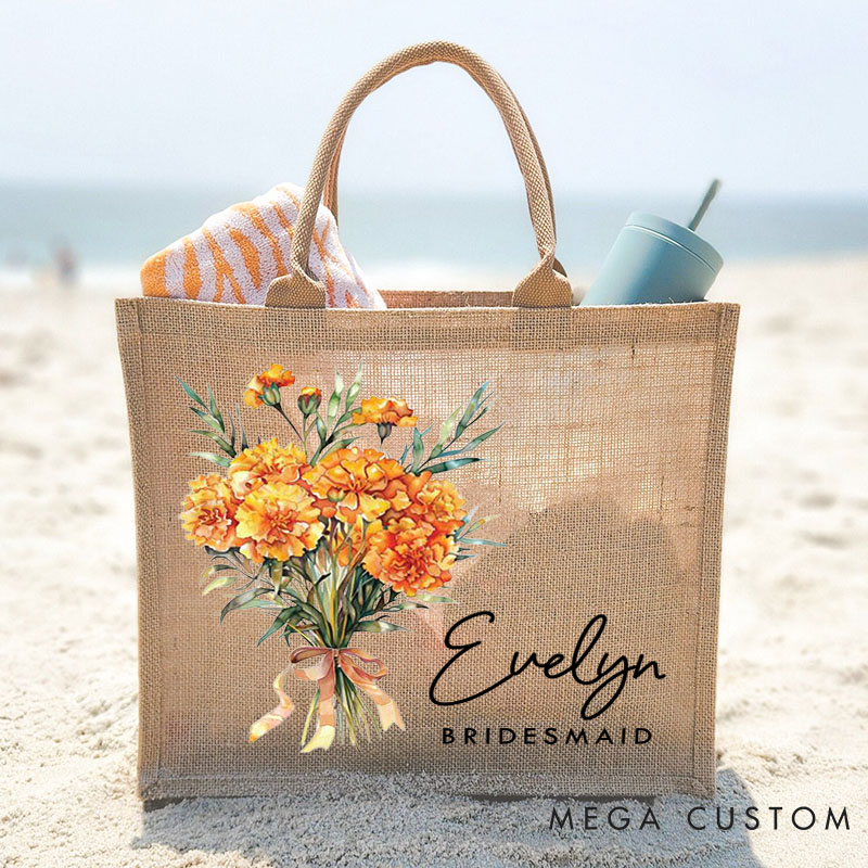 Personalized Bridesmaid Elegant Birth Flower Burlap Tote Bag Bride Month Flower Wedding Beach Jute Tote Bag Bachelorette Party Bridal Shower Gift