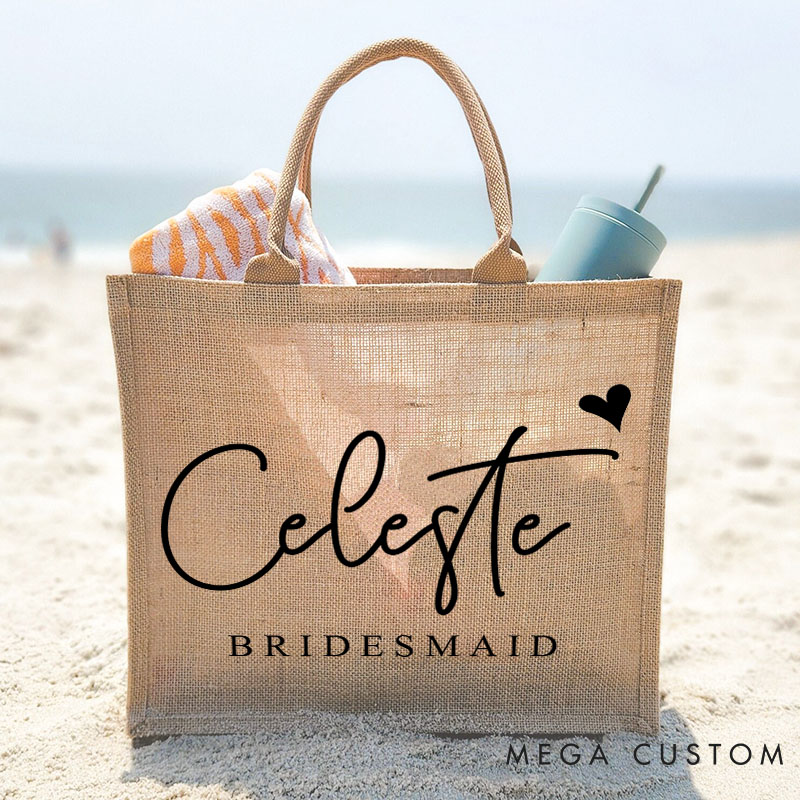 Personalized Bridesmaid Burlap Tote Bag Custom Bride Name Month Flower Jute Tote Bag Wedding Beach Tote Bag Bachelorette Party Bridal Shower Gift
