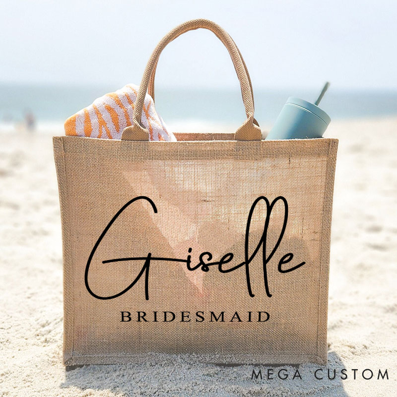 Personalized Minimalist Bridesmaid Burlap Tote Bag Custom Bride Name Jute Tote Bag Wedding Beach Tote Bag Bachelorette Party Favors Bridal Shower Gift