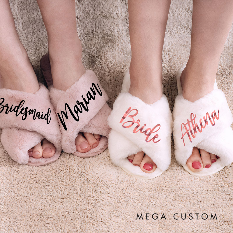 Personalized Bridesmaid Fluffy Slippers Custom Bride Name Fluffy Slipper Maid of Honor Slippers Bridal Shower Gift Bachelorette Party Gift for Her