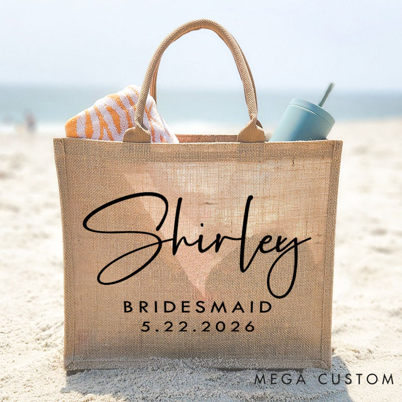 Personalized Minimalist Bridesmaid Burlap Tote Bag Custom Bride Name Jute Tote Bag Wedding Date Beach Bag Bachelorette Party Favors Bridal Shower Gift