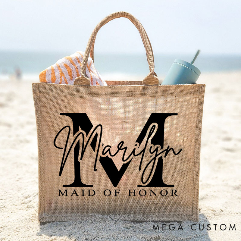 Personalized Minimalist Bridesmaid Burlap Tote Bag Custom Bride Initials Jute Tote Bag Wedding Beach Bag Bachelorette Party Favors Bridal Shower Gift