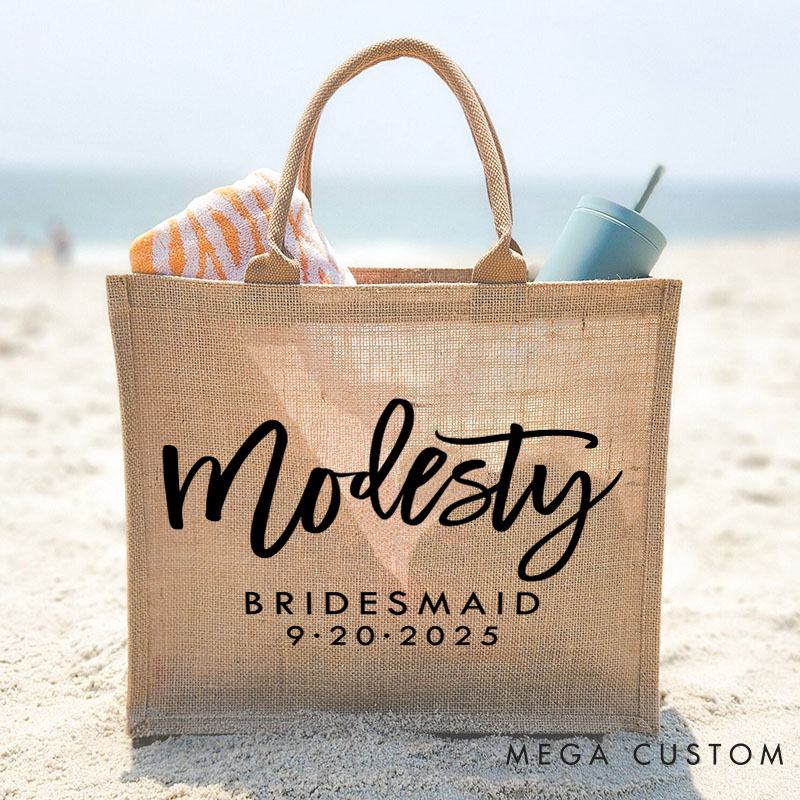 Personalized Bridesmaid Boho Burlap Tote Bag Custom Bride Name Jute Tote Bag Wedding Date Beach Bag Bachelorette Party Favors Bridal Shower Gift