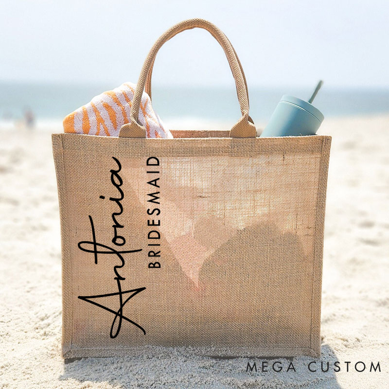 Personalized Bridesmaid Stylish Burlap Tote Bag Custom Bride Name Jute Tote Bag Wedding Beach Bag Bachelorette Party Favors Bridal Shower Gift