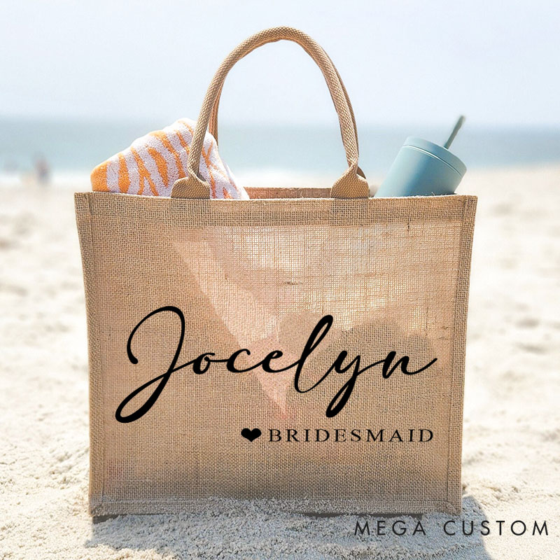Personalized Bridesmaid Burlap Tote Bag Custom Bride Name and Title Jute Tote Bag Wedding Beach Bag Bachelorette Party Favors Bridal Shower Gift