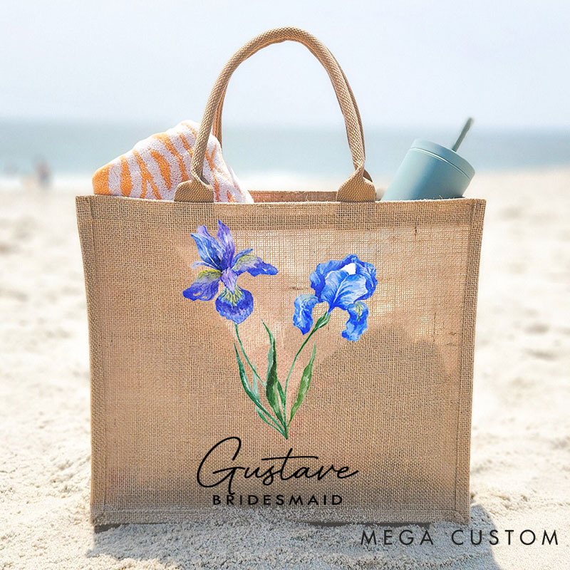 Personalized Bridesmaid Birth Flower Burlap Tote Bag Custom Bride Month Flower Beach Bag Wedding Jute Tote Bag Bachelorette Party Bridal Shower Gift