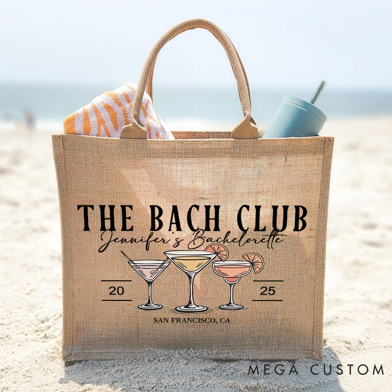 Personalized Bridesmaid Cocktail The Bach Club Burlap Tote Bag Custom Bride Beach Bag Wedding Jute Tote Bag Bachelorette Party Bridal Shower Gift