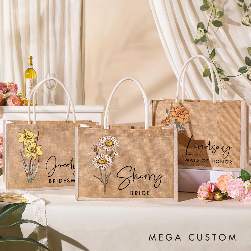 Personalized Bridesmaid Birth Flower Burlap Tote Bag Custom Bride Month Flower Tote Bag Wedding Jute Beach Bag Bachelorette Party Bridal Shower Gift