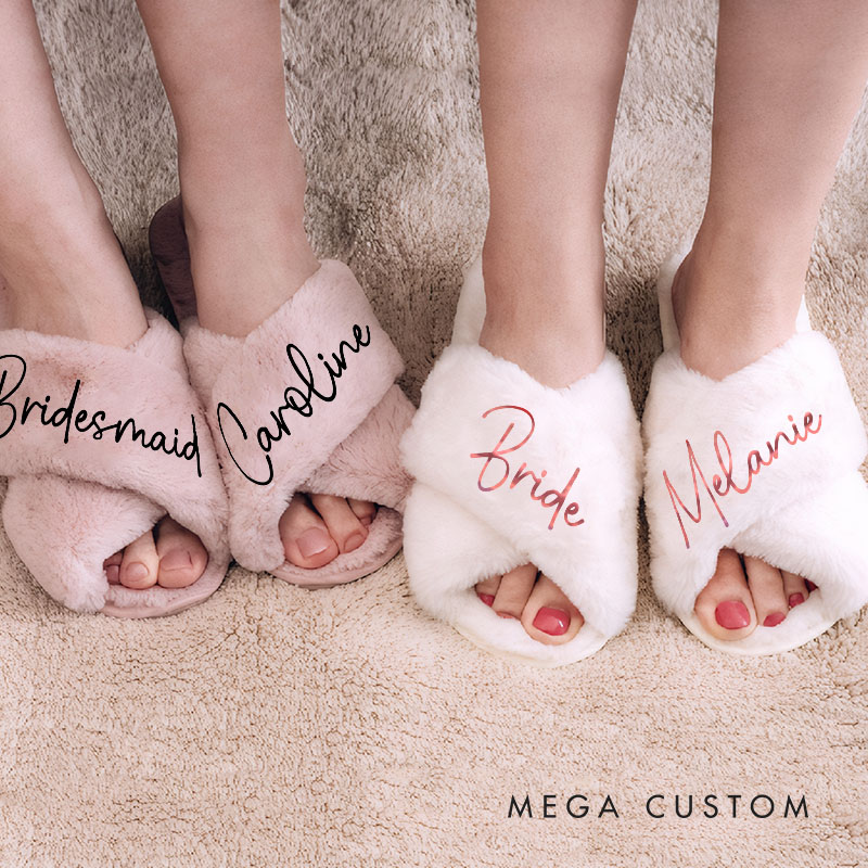 Personalized Bridesmaid Fluffy Slippers Custom Bride Name Fluffy Slipper Maid of Honor Slippers Bridal Shower Gift for Her Bachelorette Party Gift
