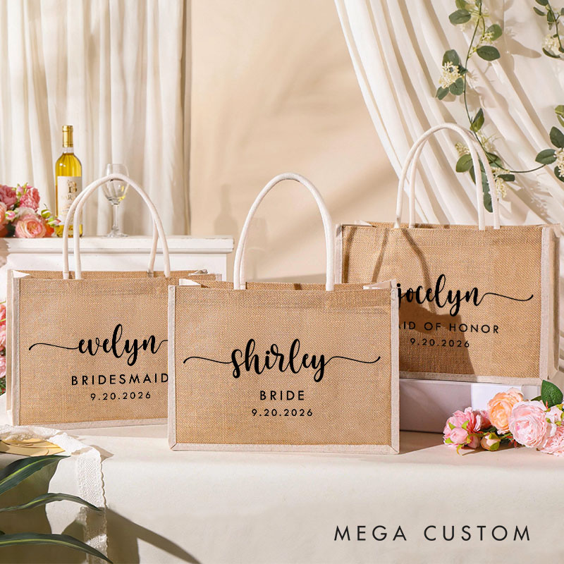 Personalized Bridesmaid Elegant Burlap Tote Bag Bride Name Tote Bag with White Side Wedding Date Jute Beach Bag Bridal Shower Bachelorette Party Gift
