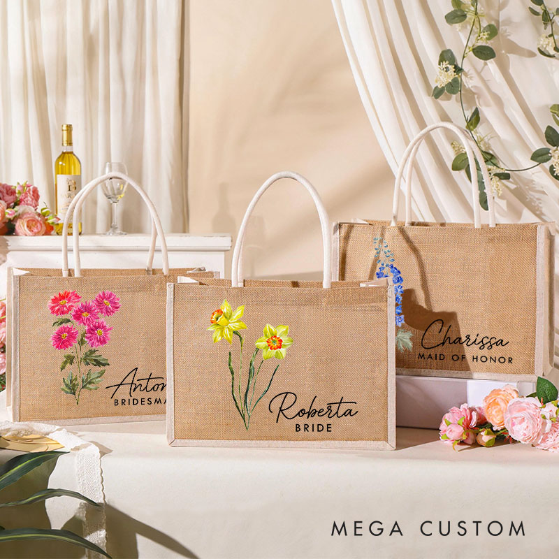 Personalized Bridesmaid Birth Flower Burlap Tote Bag with White Side Custom Bride Tote Bag Wedding Jute Beach Bag Bridal Shower Bachelorette Party Bag