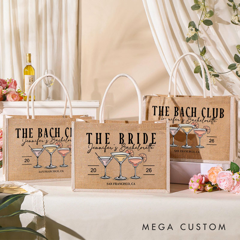 Personalized Bridesmaid The Bach Club Cocktail Burlap Tote Bag Bride Tote Bag Wedding Location Jute Beach Bag Bridal Shower Bachelorette Party Gift