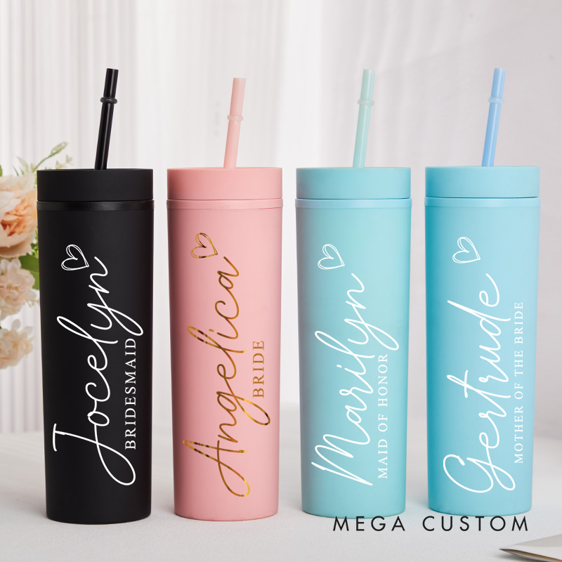 Personalized Bridesmaid Name 16oz Skinny Tumbler Custom Bride Name and Title Wedding Tumbler Maid of Honor Bachelorette Party Favor Bridal Shower Gift