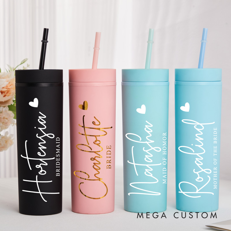 Personalized Bridesmaid 16oz Skinny Tumbler Custom Bride Name with Heart Wedding Tumbler Maid of Honor Bachelorette Party Favor Bridal Shower Gift