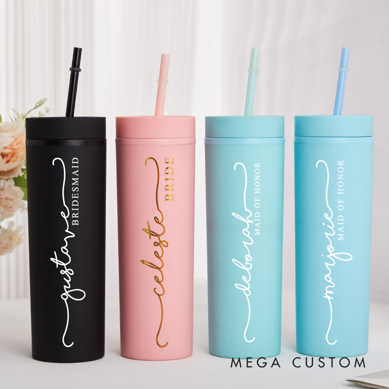 Personalized Minimalist Bridesmaid 16oz Skinny Tumbler Custom Bride Name Wedding Tumbler Maid of Honor Bachelorette Party Favor Bridal Shower Gift