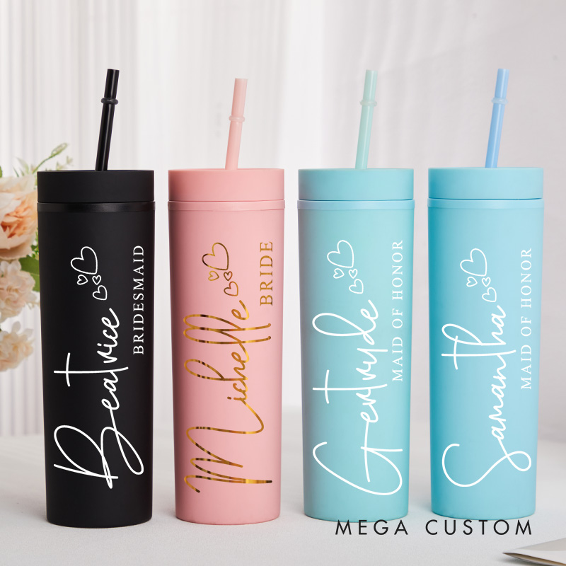 Personalized Gorgeous Bridesmaid 16oz Skinny Tumbler Custom Bride Name with Heart Wedding Tumbler Maid of Honor Bachelorette Party Bridal Shower Gift