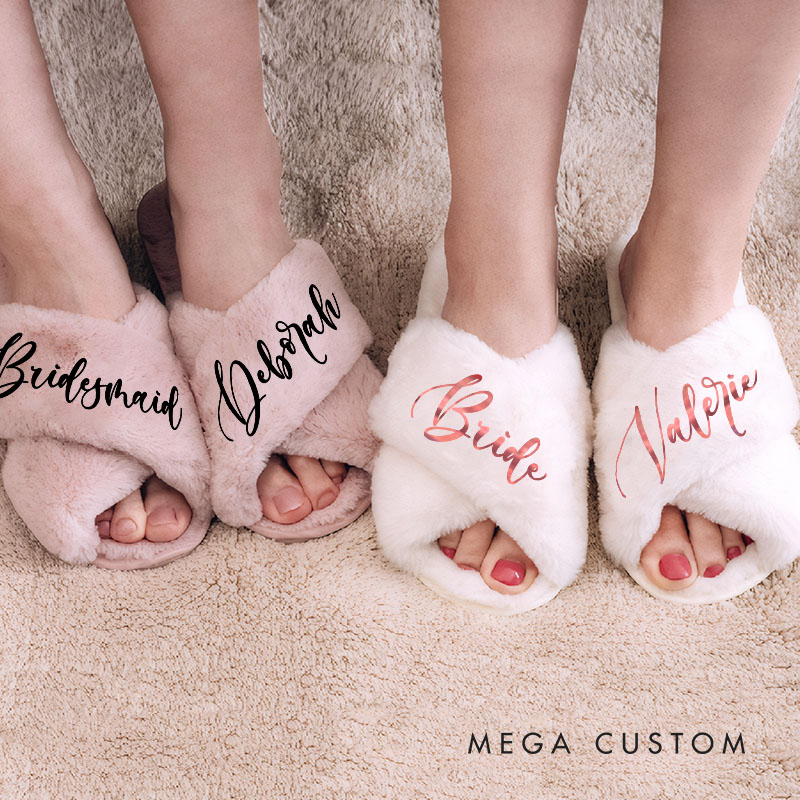 Personalized Elegant Bridesmaid Fluffy Slippers with Name Custom Bride Name Slipper Maid of Honor Slippers Bridal Shower Gift Bachelorette Party Gift