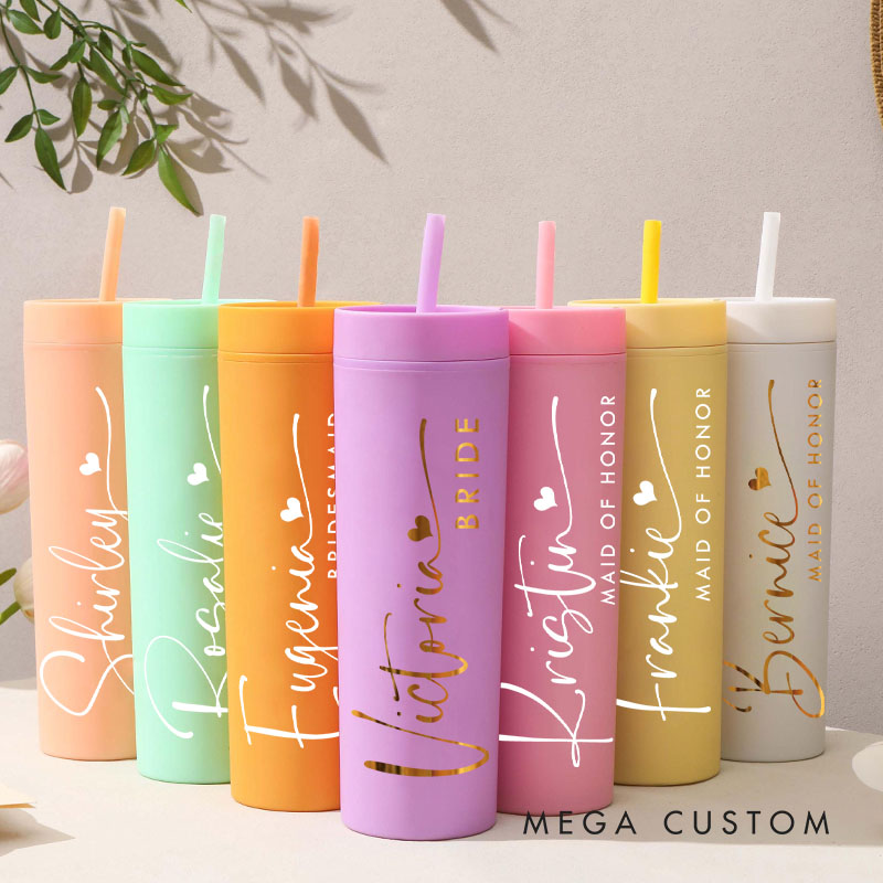 Personalized Elegant Bridesmaid 16oz Skinny Tumbler Custom Bride Name with Heart Wedding Tumbler Maid of Honor Bachelorette Party Bridal Shower Gift