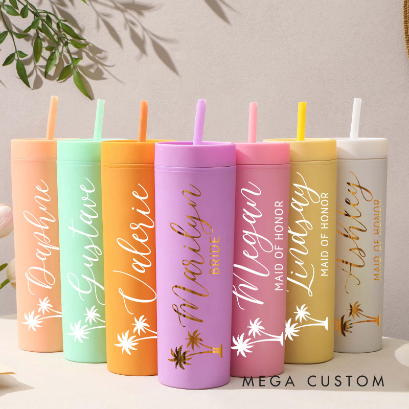 Personalized Bridesmaid Palm Tree 16oz Skinny Tumbler Custom Bride Name and Title Wedding Tumbler Maid of Honor Bachelorette Party Bridal Shower Gift