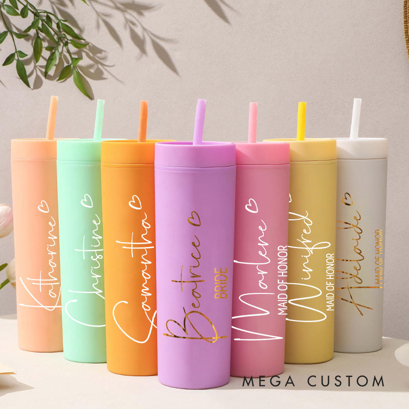 Personalized Bridesmaid Name with Heart 16oz Skinny Tumbler Custom Bride Name Wedding Tumbler Maid of Honor Bachelorette Party Bridal Shower Gift