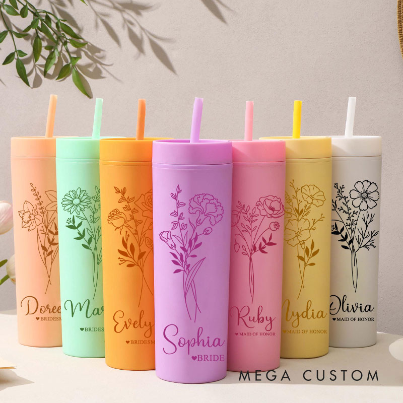 Personalized Bridesmaid Birth Flower 16oz Skinny Tumbler Custom Bride Month Flower Wedding Tumbler Maid of Honor Bachelorette Party Bridal Shower Gift