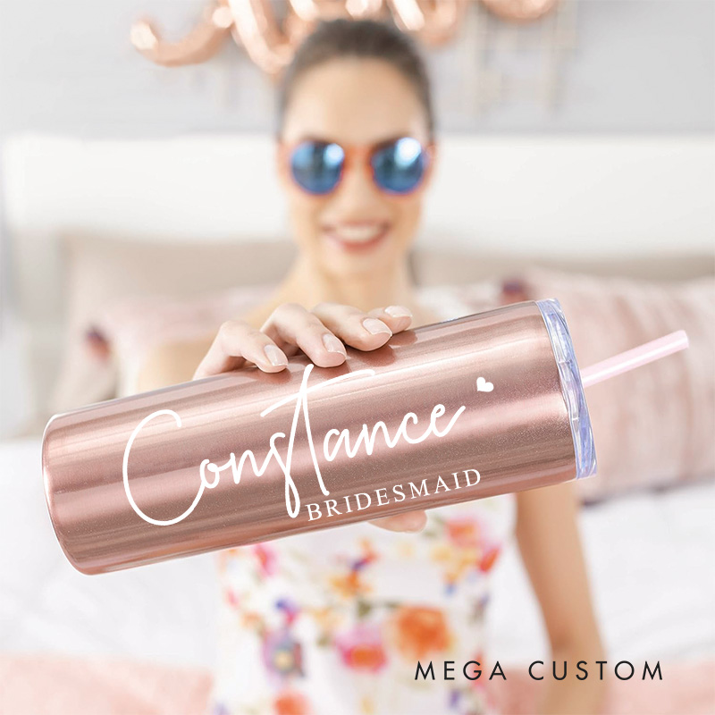 Personalized Bridesmaid Name with Heart 20oz Skinny Tumbler with Lid and Straw Custom Bride Name Wedding Tumbler Maid of Honor Bachelorette Party Gift