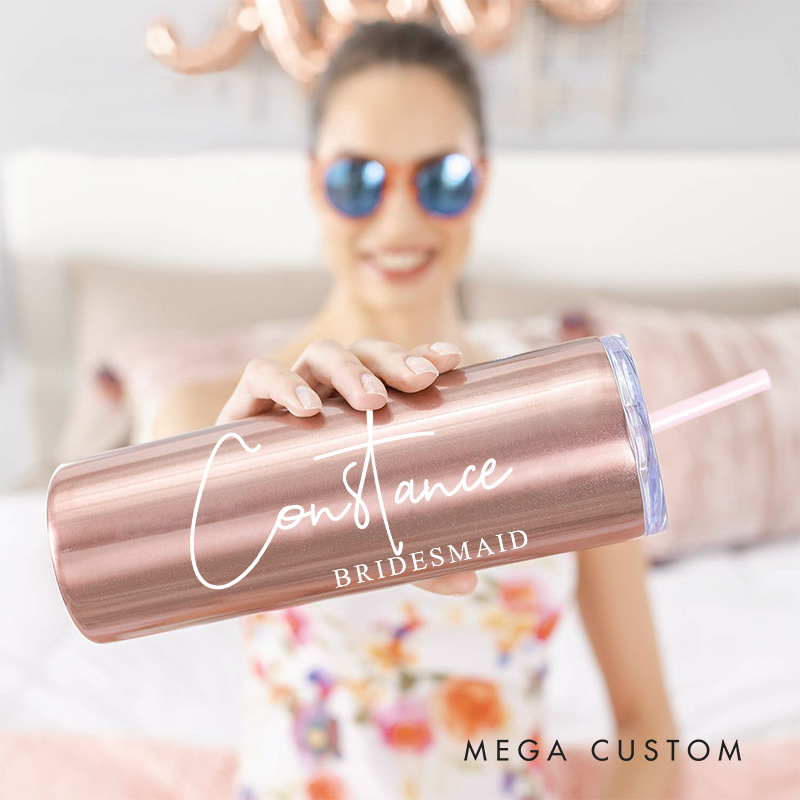 Personalized Bridesmaid Name with Heart 20oz Skinny Tumbler with Lid and Straw Custom Bride Name Wedding Tumbler Maid of Honor Bachelorette Party Gift