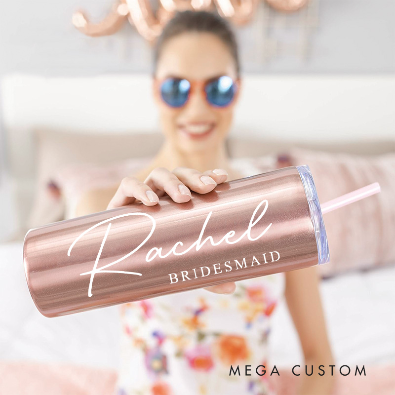 Personalized Minimalist Bridesmaid Name 20oz Skinny Tumbler with Lid and Straw Custom Bride Name Wedding Tumbler Maid of Honor Bachelorette Party Gift