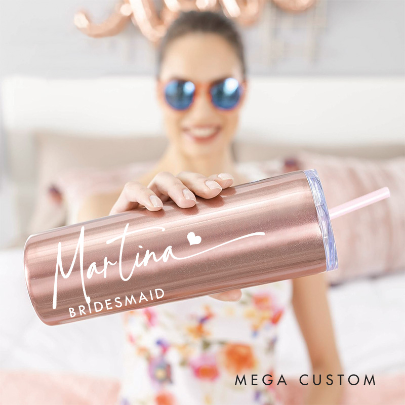 Personalized Bridesmaid Wedding Stylish 20oz Skinny Tumbler with Lid and Straw Custom Bride Name Tumbler Maid of Honor Bachelorette Party Gift