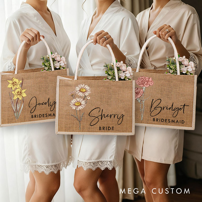 Personalized Bridesmaid Birth Flower Burlap Tote Bag Custom Bride Month Flower Tote Bag Wedding Jute Beach Bag Bachelorette Party Bridal Shower Gift