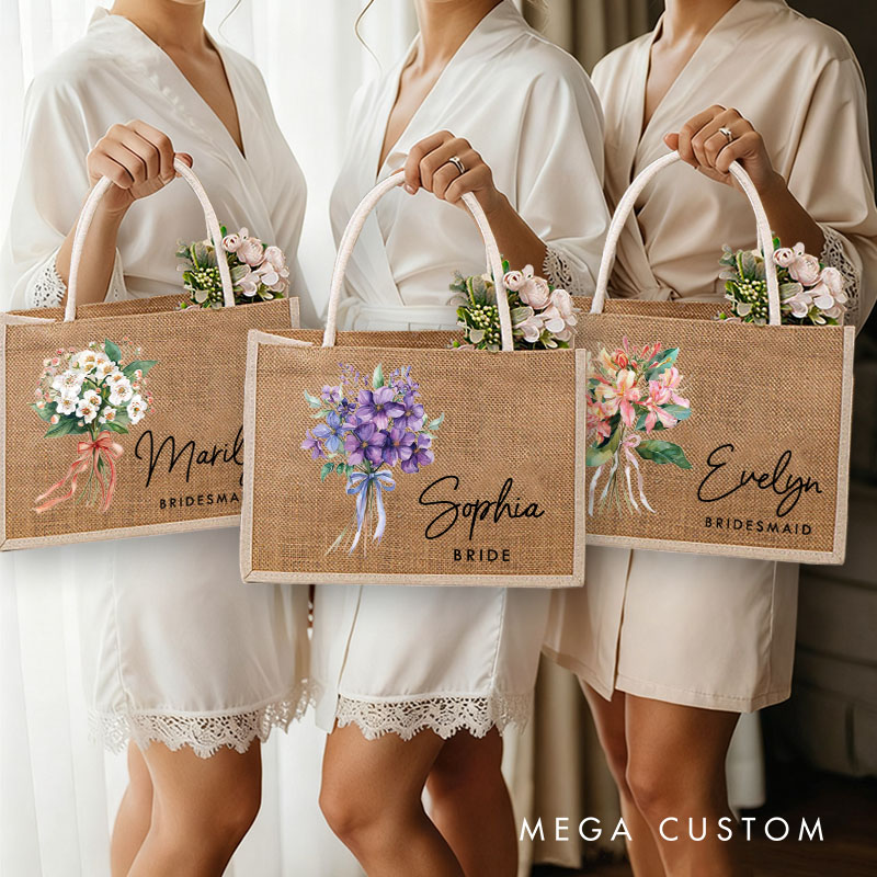 Personalized Bridesmaid Birth Flower Burlap Tote Bag Bride Elegant Month Flower Tote Bag Wedding Jute Beach Bag Bridal Shower Bachelorette Party Gift