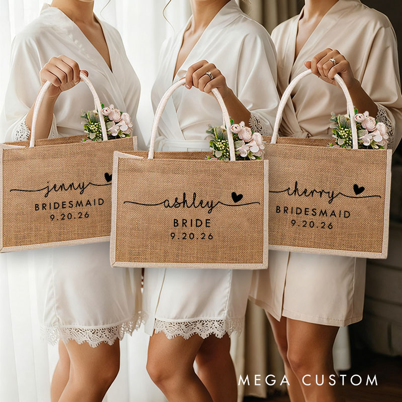 Personalized Bridesmaid Burlap Tote Bag Custom Bride Name with Heart Tote Bag Wedding Date Jute Beach Bag Bridal Shower Gift Bachelorette Party Party