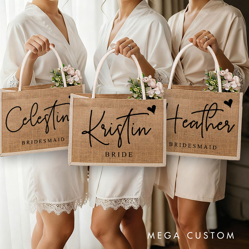 Personalized Bridesmaid Burlap Tote Bag Custom Bride Name with Heart Tote Bag Wedding Jute Beach Bag Bridal Shower Gift Bachelorette Party Favors