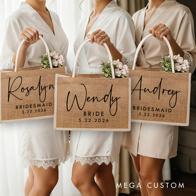 Personalized Bridesmaid Burlap Tote Bag Custom Bride Name Tote Bag with White Side Wedding Date Jute Beach Bag Bridal Shower Bachelorette Party Gift