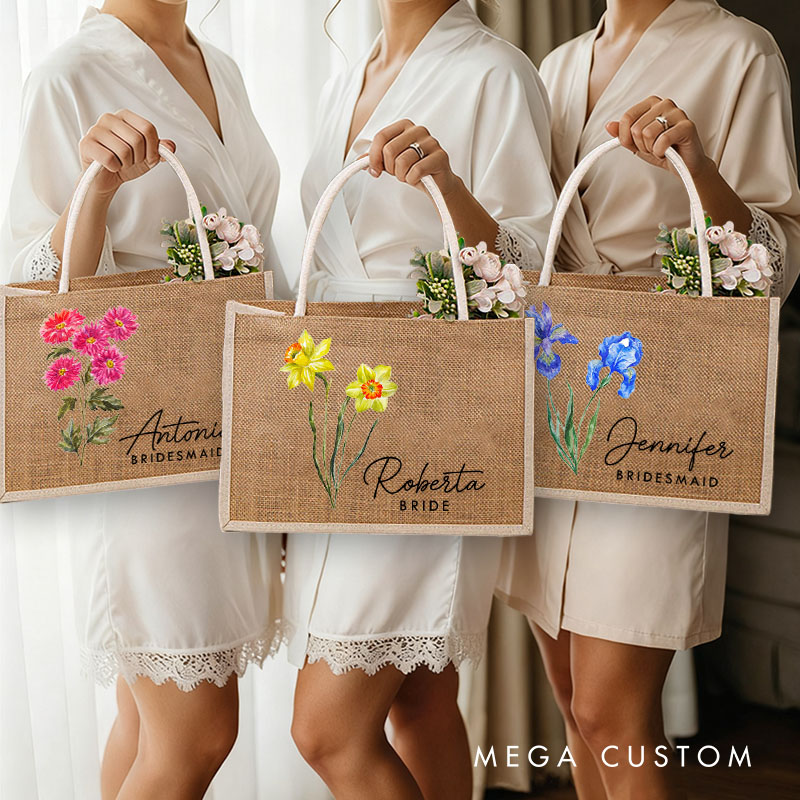 Personalized Bridesmaid Birth Flower Burlap Tote Bag with White Side Custom Bride Tote Bag Wedding Jute Beach Bag Bridal Shower Bachelorette Party Bag