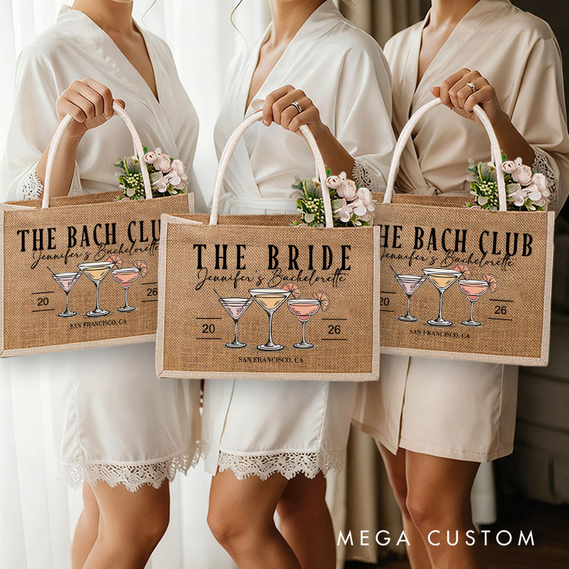 Personalized Bridesmaid The Bach Club Cocktail Burlap Tote Bag Bride Tote Bag Wedding Location Jute Beach Bag Bridal Shower Bachelorette Party Gift