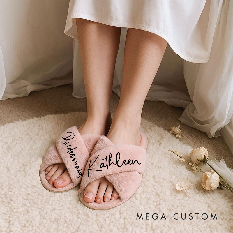 Personalized Bridesmaid Fluffy Slippers Custom Bride Name Fluffy Slipper Maid of Honor Slippers Bridal Shower Gift for Her Bachelorette Party Gift