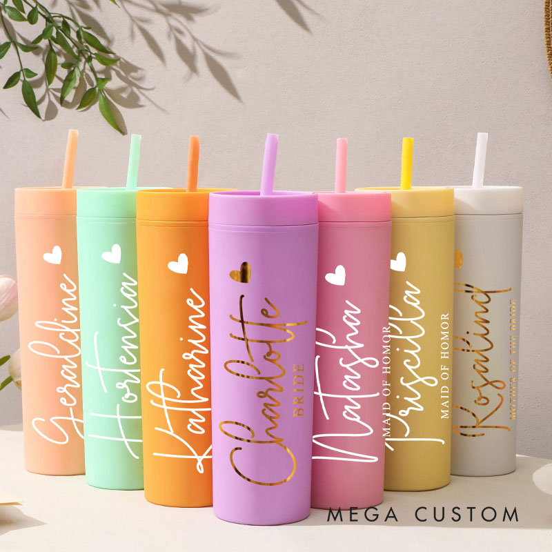 Personalized Bridesmaid 16oz Skinny Tumbler Custom Bride Name with Heart Wedding Tumbler Maid of Honor Bachelorette Party Favor Bridal Shower Gift