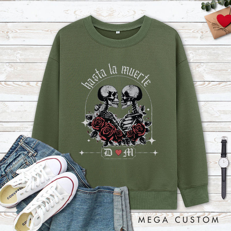 Personalized Hasta La Muerte Skeleton Couple with Roses Halloween Couple Sweatshirt