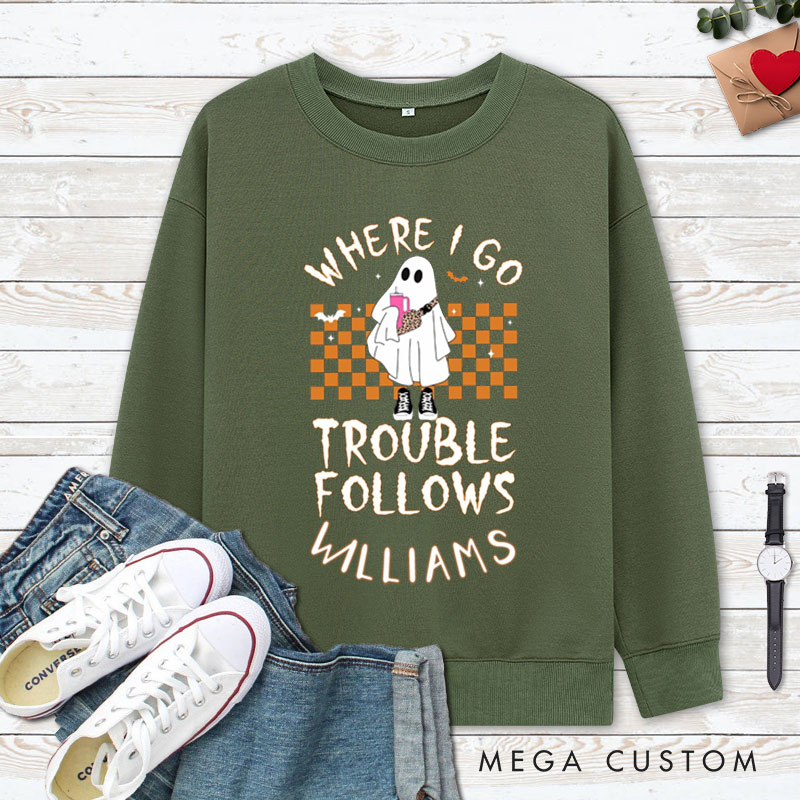 Personalized Where I Go Trouble Follows Ghost with Checkered Background Halloween Couple Sweatshirt