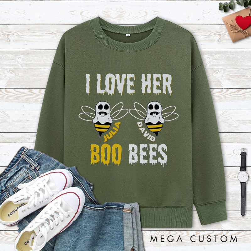 Personalized I Love Her Boo Bees and Boo Bees Halloween Couple Sweatshirt