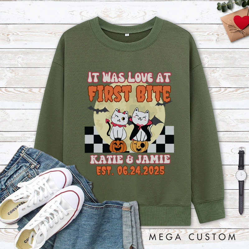 Personalized Love at First Bite and Fangs for the Memories Cat Couple Halloween Couple Sweatshirt