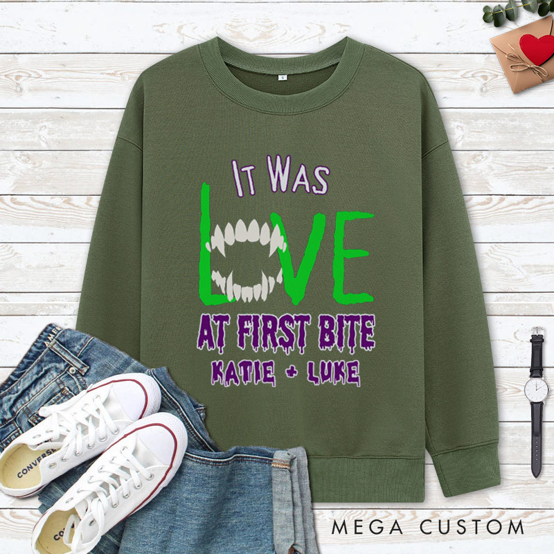 Personalized Love at First Bite & Fangs for the Memories Halloween Couple Sweatshirt