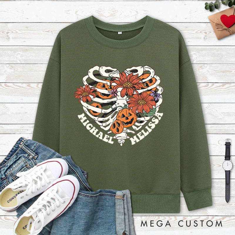Personalized Floral Skeleton Ribcage with Pumpkins Halloween Couple Sweatshirt
