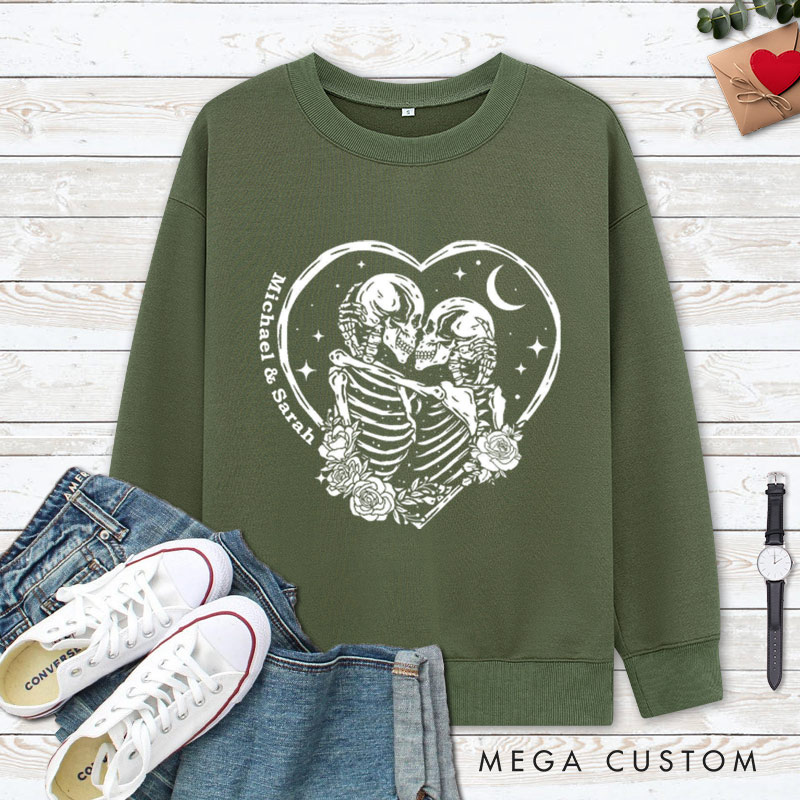 Personalized Eternal Love Skeleton Couple in Heart Halloween Couple Sweatshirt