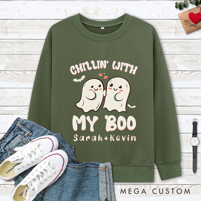 Personalized Chillin' with My Boo Ghost Couple Halloween Couple Sweatshirt